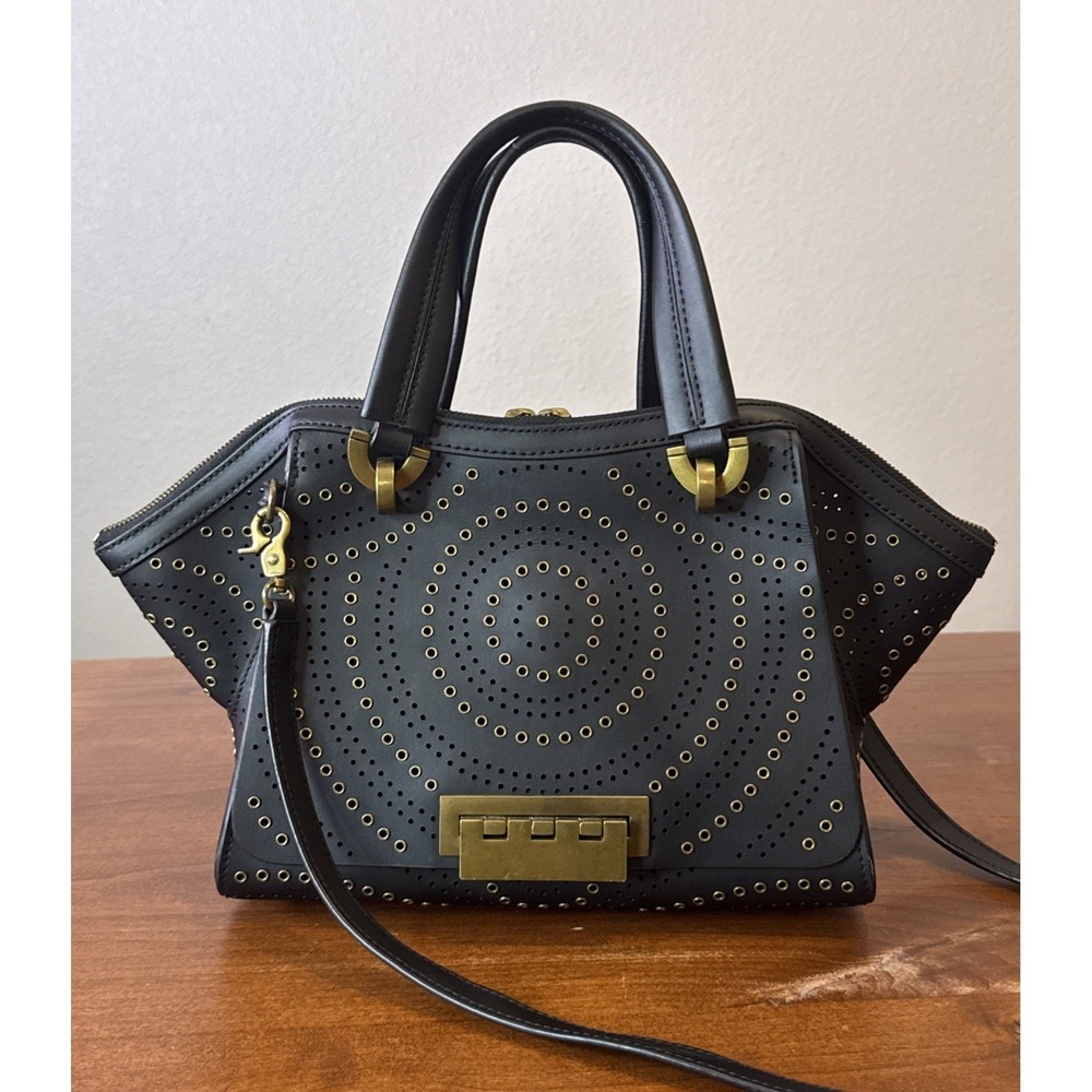 Rare Zac Posen Eartha Iconic Zip Top Black Laser Cut Leather Satchel Handbag